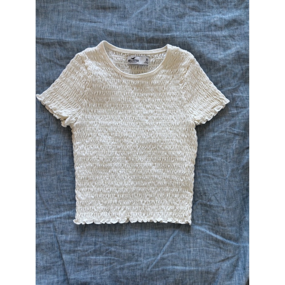 Hollister White Smocked Seersucker Short Sleeve Flirty Contour Top XS
